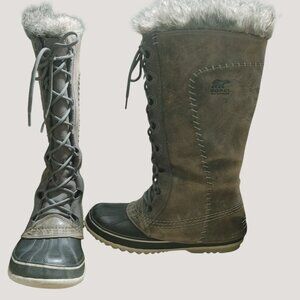 Sorel Boots Gray Black Winter Carnival Waterproof Womens Faux Fur Trim Lace Up 9